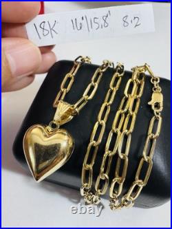 Pure 18K 750 Real Fine Gold Paperclip Heart Set Necklace 15.8/16 Long 4mm 8.2g