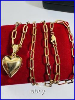 Pure 18K 750 Real Fine Gold Paperclip Heart Set Necklace 15.8/16 Long 4mm 8.2g