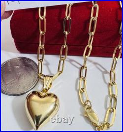 Pure 18K 750 Real Fine Gold Paperclip Heart Set Necklace 15.8/16 Long 4mm 8.2g