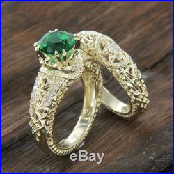 Pure 18k Yellow Gold Green Emerald Vintage Engagement Ring Bridal Set For Womens