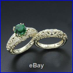 Pure 18k Yellow Gold Green Emerald Vintage Engagement Ring Bridal Set For Womens