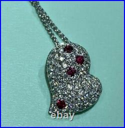 Pure 18kt White Gold Pavé set Natural White Diamond and Red Ruby Heart Necklace