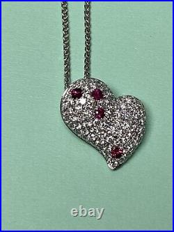 Pure 18kt White Gold Pavé set Natural White Diamond and Red Ruby Heart Necklace