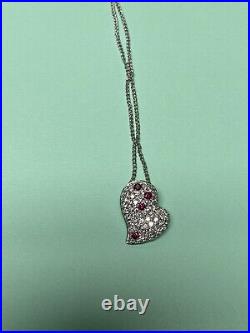 Pure 18kt White Gold Pavé set Natural White Diamond and Red Ruby Heart Necklace