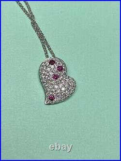 Pure 18kt White Gold Pavé set Natural White Diamond and Red Ruby Heart Necklace