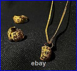 Pure 21k gold jewelry set pendant earrings ring and chain