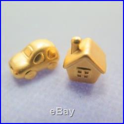 Pure 24K Yellow Gold 3D Bless Carved House and Car Bead Pendant (2pcs/ one set)