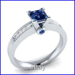 Pure 925 Silver 14k White Gold Plated Blue Sapphire Diamond Wedding Bridal Set