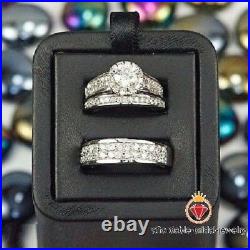 Pure 925 Silver White Gold Finish Diamond Engagement Ring Trio Wedding Band Set