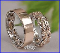 Pure 925 Sterling Silver Wedding Set His & Her Ring 14K Rose Gold Plated Silver