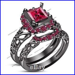 Pure Black Gold Over Woman Princess Cut Pink Sapphire Wedding Ring & Bridal Set