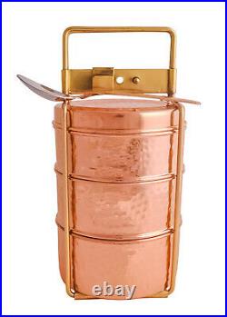 Pure Copper Royal Lunch Box Set, 3 Bowls with Spoon, Inside Tin Polish Tiffin