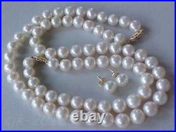 Pure Gold 14k Set Of 9-10mm Aaa Genuine White Pearl Necklace, Bracelet & Earring