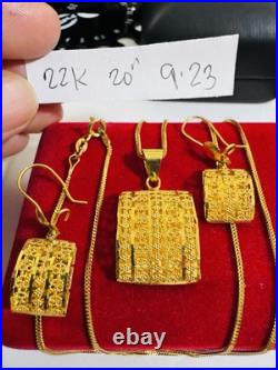 Pure New 22K 916 Fine Real Gold 20 long Rectangle Earring Necklace 9.2g 1.6mm