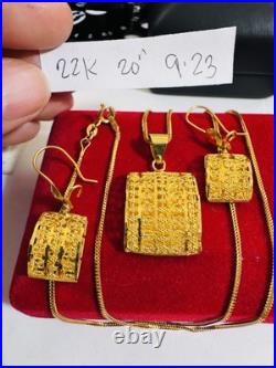 Pure New 22K 916 Fine Real Gold 20 long Rectangle Earring Necklace 9.2g 1.6mm