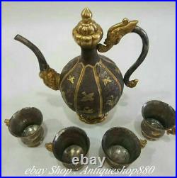 Pure Silver 24 K Gold Gilt Dragon Flagon wine pot Teapot teakettle Cup Set