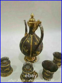 Pure Silver 24 K Gold Gilt Dragon Flagon wine pot Teapot teakettle Cup Set