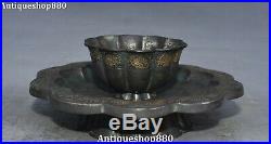 Pure Silver 24K Gold Dynasty Lotus Flower Dish Plate Tray Wine Cup Teacup Set