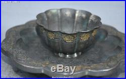 Pure Silver 24K Gold Dynasty Lotus Flower Dish Plate Tray Wine Cup Teacup Set