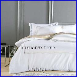 Pure White Bedding Sets King Queen Sz Silver Gold Embroidery Duvet Cover Cotton