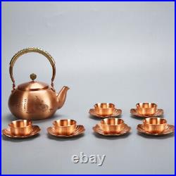 Pure copper tea set handmade carved lotus flower tea pot cup coaster gift box
