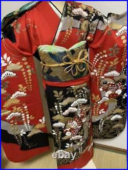 Pure silk Furisode Kimono full set Embroidered with gold pieces F/S from Japan