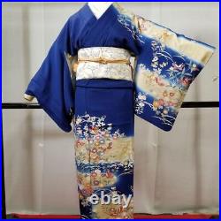 Pure silk kimono belt set blue gold medium sleeves Japanese KIMONO belt