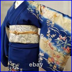 Pure silk kimono belt set blue gold medium sleeves Japanese KIMONO belt