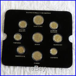 Qeii 9 Pre Decimal Coin Set Layered In Pure Gold And Accented In Full Colour