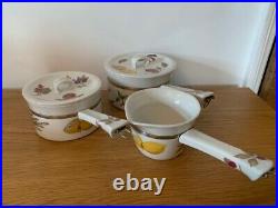 RARE Royal Worcester Evesham Gold porcelain saucepan trio Set. Perfect
