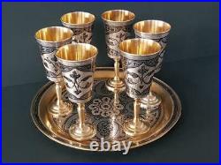 RARE SET ANTIQUE GOLD PLATED RUSSIAN SILVIER NIELLO perfect 6 cups vodka shot