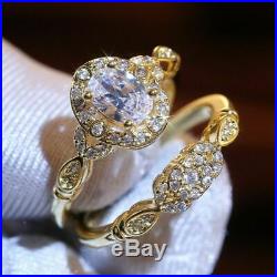 REAL 14K Yellow Pure Gold Oval Round Diamond Engagement Ring Wedding Bridal Set