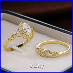 REAL 14K Yellow Pure Gold Oval Round Diamond Engagement Ring Wedding Bridal Set