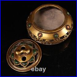 Rare China Pure copper set gemstone Jade Fumigation Incense burner