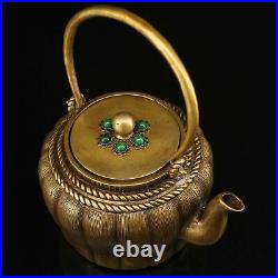 Rare China antique The Republic of China Pure copper set gemstone teapot