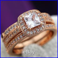 Real 10K Rose Pure Gold Princess Cut Diamond Bridal Engagement Ring Band Set