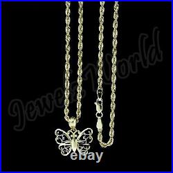 Real 10K Yellow Gold Butterfly Charm Pendant & 2mm Rope Chain Necklace Set