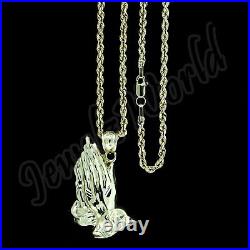 Real 10K Yellow Gold Praying Hands Charm Pendant & 2.5mm Rope Chain Necklace Set