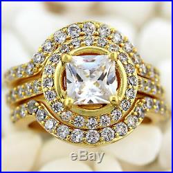 Real 10K Yellow Pure Gold Princess Cut Diamond Bridal Engagement Ring Band Set