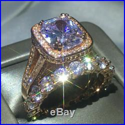 Real 10k Rose Pure Gold Cushion Diamond Women's Bridal Band Engagement Ring Set