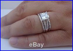 Real 10k White Solid Pure Gold Wedding Band Bridal Ring Set Princess Diamond