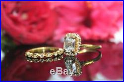 Real 10k Yellow Pure Gold Emerald Cut White Diamond Bridal Engagement Ring Set