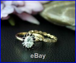 Real 10k Yellow Pure Gold Oval White Black Diamond Bridal Engagement Ring Set