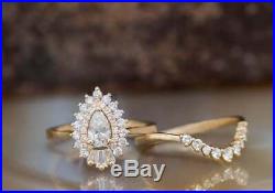 Real 10k Yellow Pure Gold Pear Cut White Diamond Bridal Engagement Ring Set