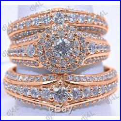 Real 14K Rose Pure Gold Diamond Engagement Bridal Wedding Band Trio Ring Set