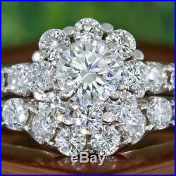 Real 14K Solid White Pure Gold Engagement Bridal Wedding Band Ring Set Diamond