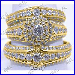 Real 14K Yellow Pure Gold Diamond Engagement Bridal Wedding Band Trio Ring Set