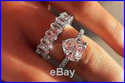 Real 14k White Pure Gold Heart Cut Diamond Love Engagement Wedding Band Ring Set