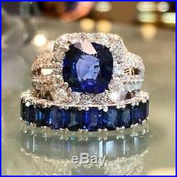 Real 14k White Pure Gold Sapphire & Diamond Halo Wedding Bridal Band Ring Set