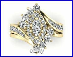 Real 14k Yellow Pure Gold 1.50Ct Marquise Cut Diamond Engagement Bridal Set Ring